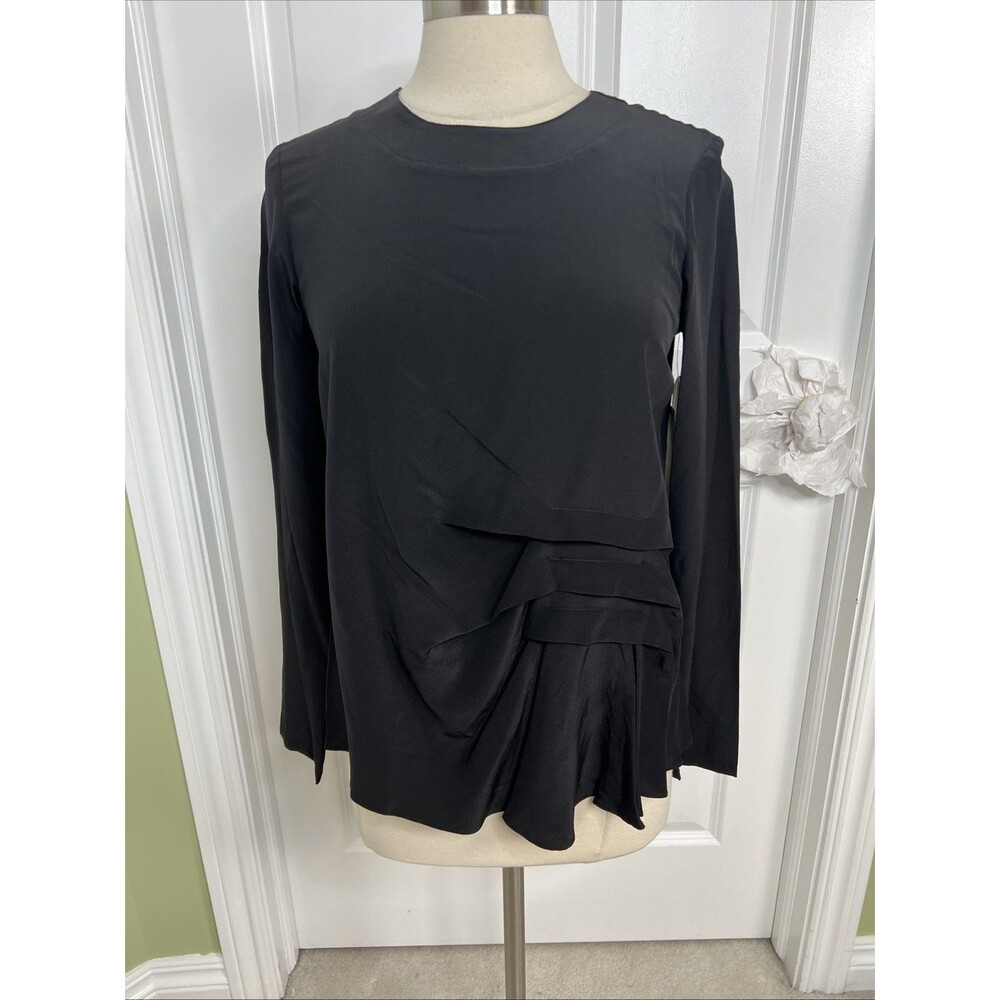 Nicole Miller 100% Silk Blouse S Black Long Sleeve Pleated Career Artelier New - Picture 10 of 13
